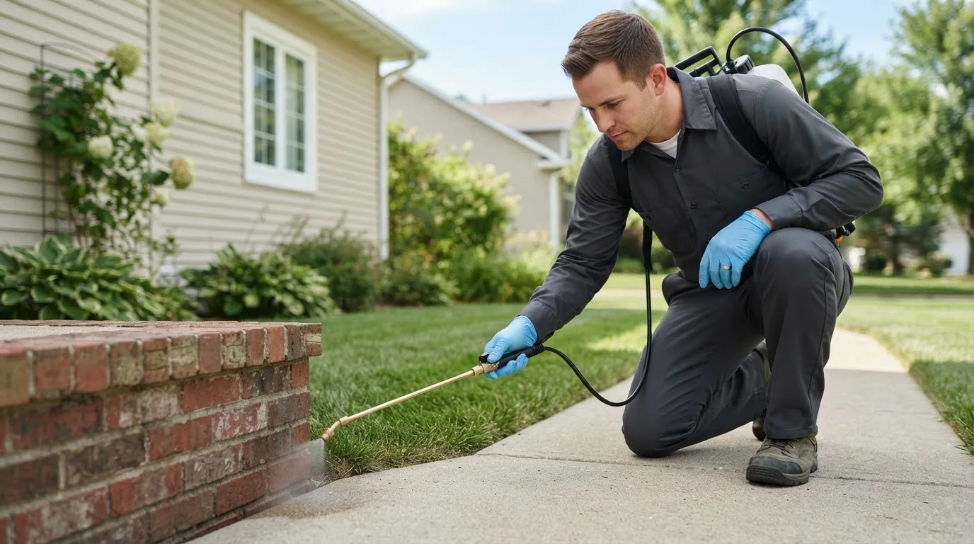 Pest control technician treating a home near Cuyahoga Falls, OH